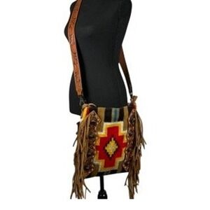 American Darling Aztec Wool Tooled Leather Fringe Crossbody Bag Concealed Carry
